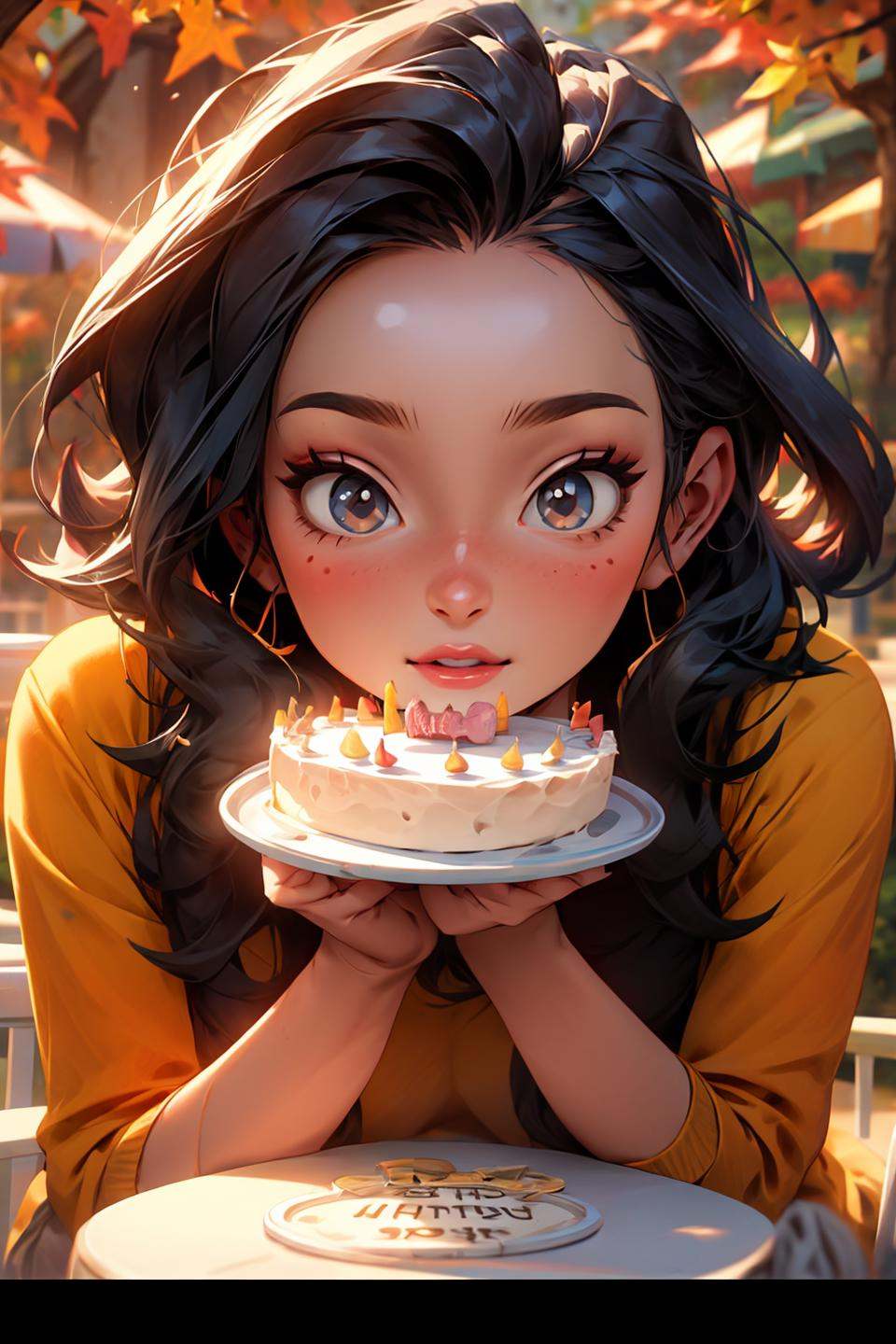 cute girl 16 years old is holding birthday cake in autumn park,  ultra detailed illustration on Tensor.Art