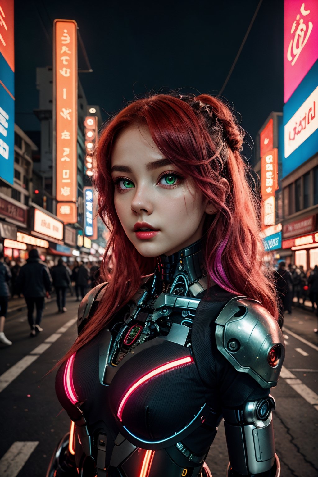 (Vivid neon night,  detailed background),  (petite cyborg girl by Ai Art Vision on Tensor.Art