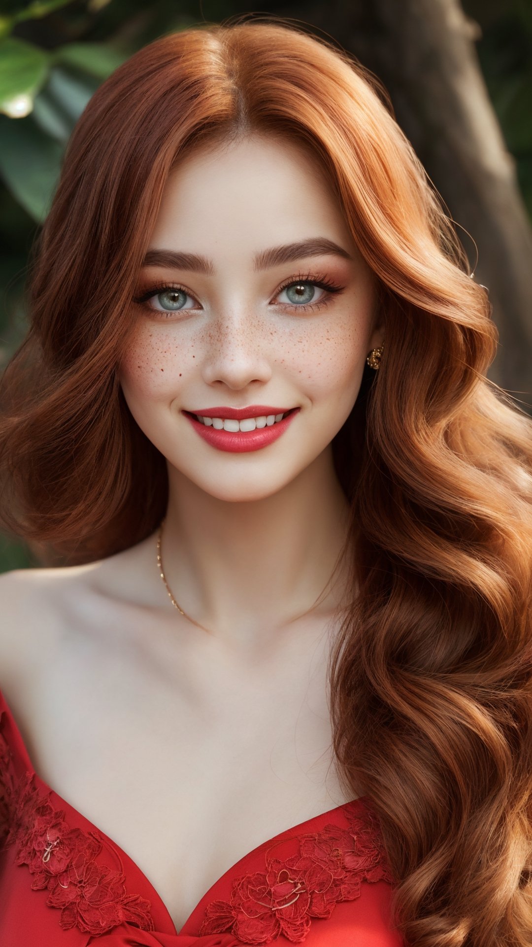woman,  redhead with flowing hair,  slim figure dressed in a vibrant red gown on Tensor.Art
