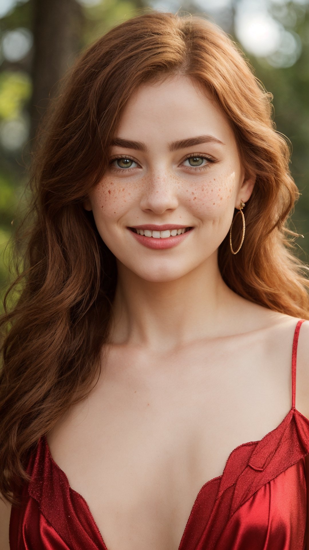 woman,  redhead with flowing hair,  slim figure dressed in a vibrant red gown on Tensor.Art