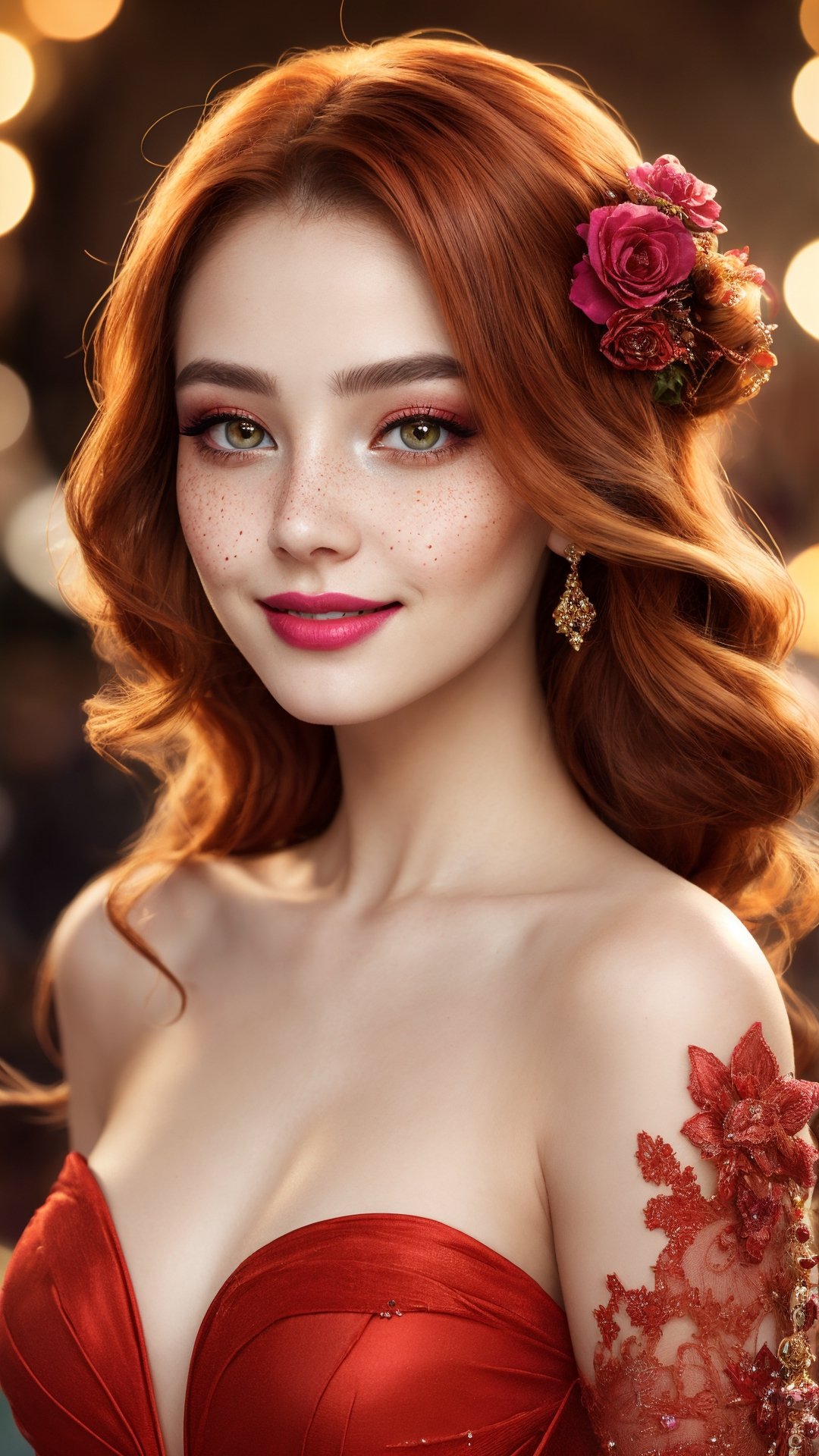 woman,  redhead with flowing hair,  slim figure dressed in a vibrant red gown on Tensor.Art