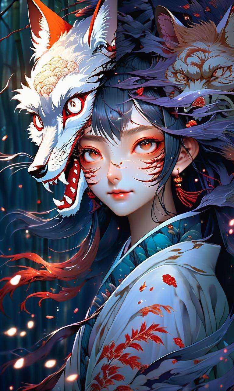 anime artwork ((masterpiece)),((best quality)),8k,high detailed,ultra-detailed,intricate detail,((huapighost)),close-up,1girl,Chinese folklore,A cunning fox spirit,disguised as a beautiful maiden,in a moonlit bamboo forest,(enchanting and deceptive),Ethereal moonlight filtering through bamboo leaves,(smoke effects),Mystical and beguiling atmosphere,monochrome with a touch of red,Asymmetric composition,Brush stroke: ink and wash effect,capturing the allure of the fox spirit,<lora:huapighost:1>, . anime style, key visual, vibrant, studio anime,  highly detailed