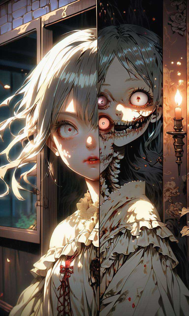 anime artwork ((masterpiece)),((best quality)),8k,high detailed,ultra-detailed,intricate detail,((huapighost)),1girl,Inside an eerie restroom,a malevolent presence dons the guise of a porcelain doll,(creepy and deceptive),Flickering candlelight casting unsettling shadows,(dynamic reflections),Tense and unsettling atmosphere,desaturated and sepia color palette,Asymmetric composition,Maxon Cinema 4D rendering,capturing the malevolent doll's eerie transformation,<lora:huapighost:1>, . anime style, key visual, vibrant, studio anime,  highly detailed