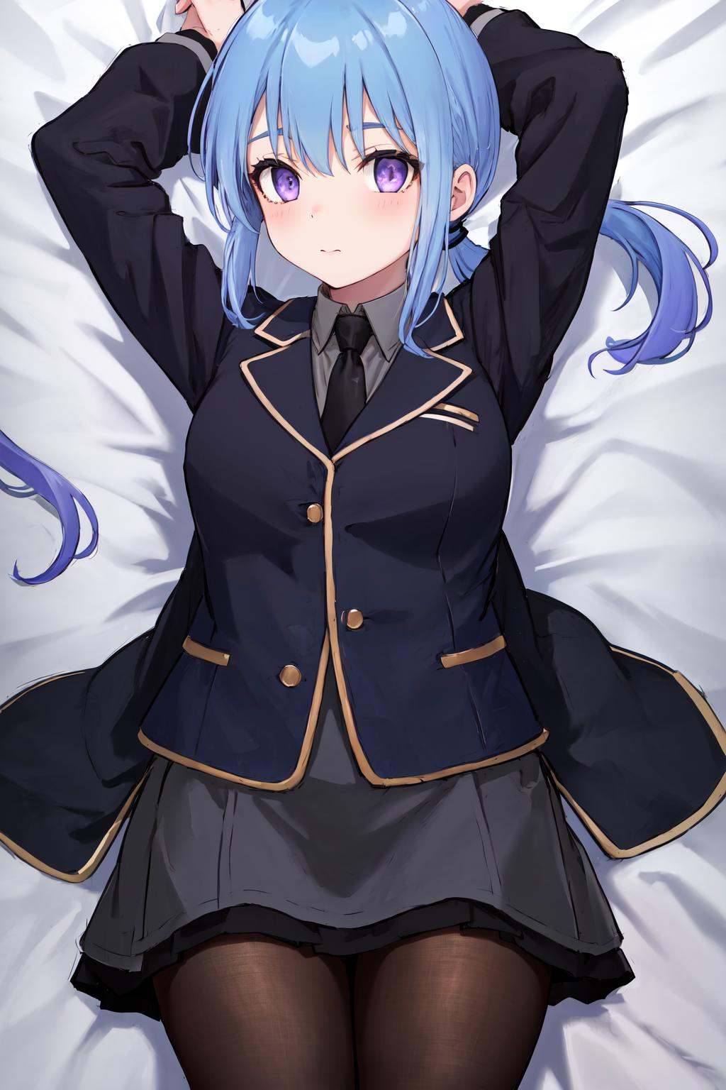 masterpiece, best quality, highres, 1girl low ponytail blue hair purple eyes, black jacket grey shirt black necktie black skirt pantyhose <lora:anemone:1> lying on back, arms up, bed sheet