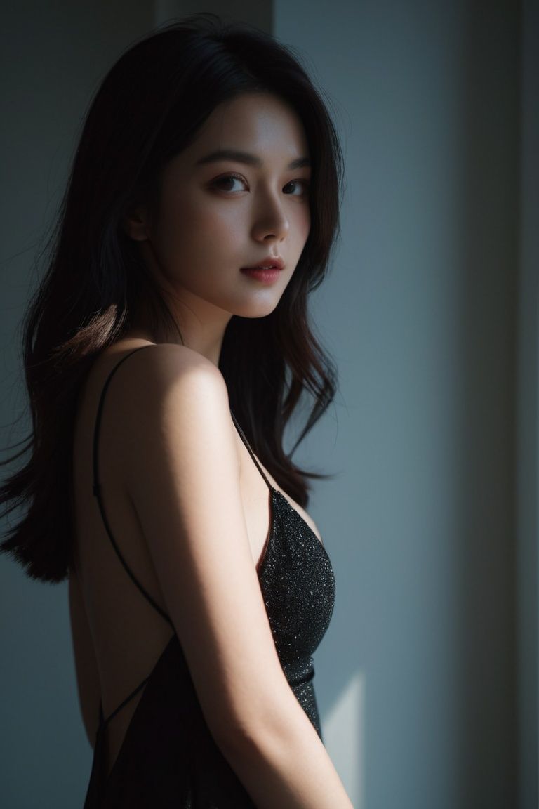 1girl, high and light, grainy,indifferent, hazy,indoor,gentle,trendy,best quality,FilmGirl,Dark Majic