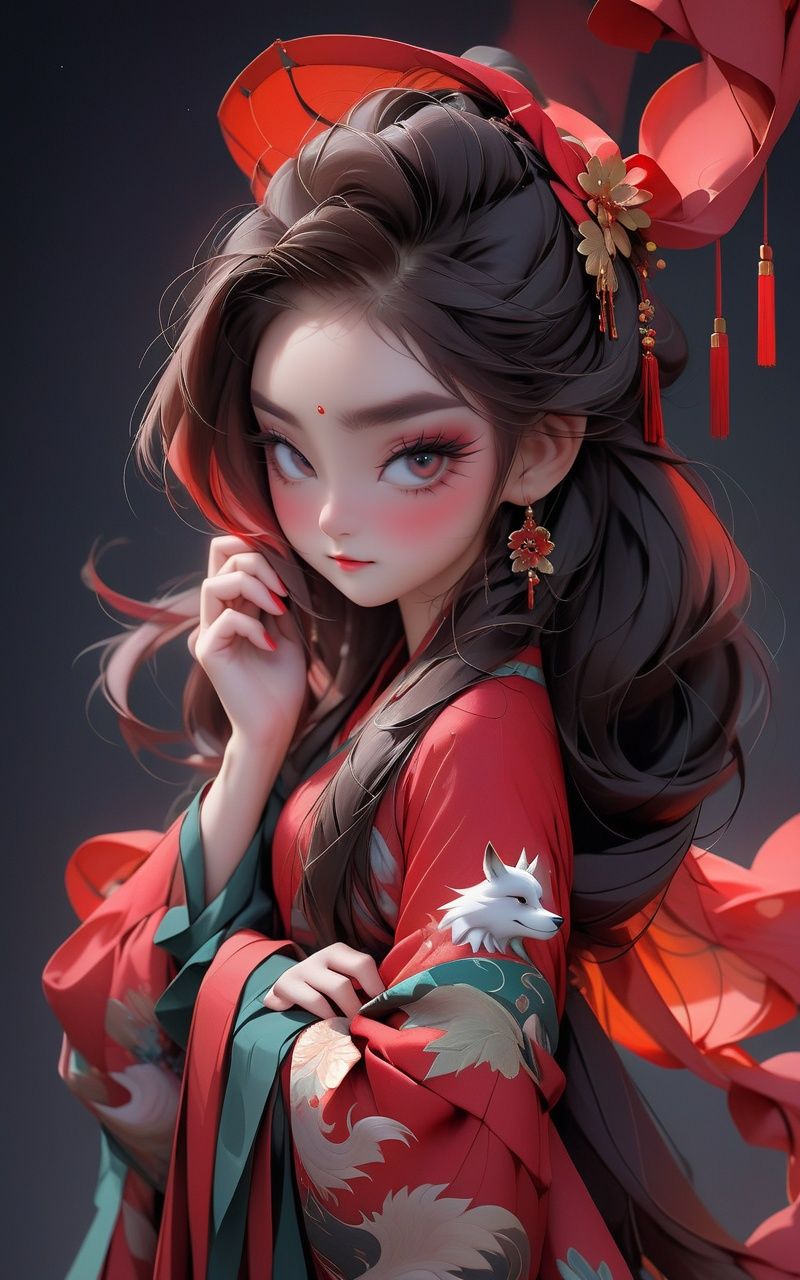 grimdark, creepy tale, wolf and 20 yo woman, red clothes, colorful, dark background,chibi,hanfu


