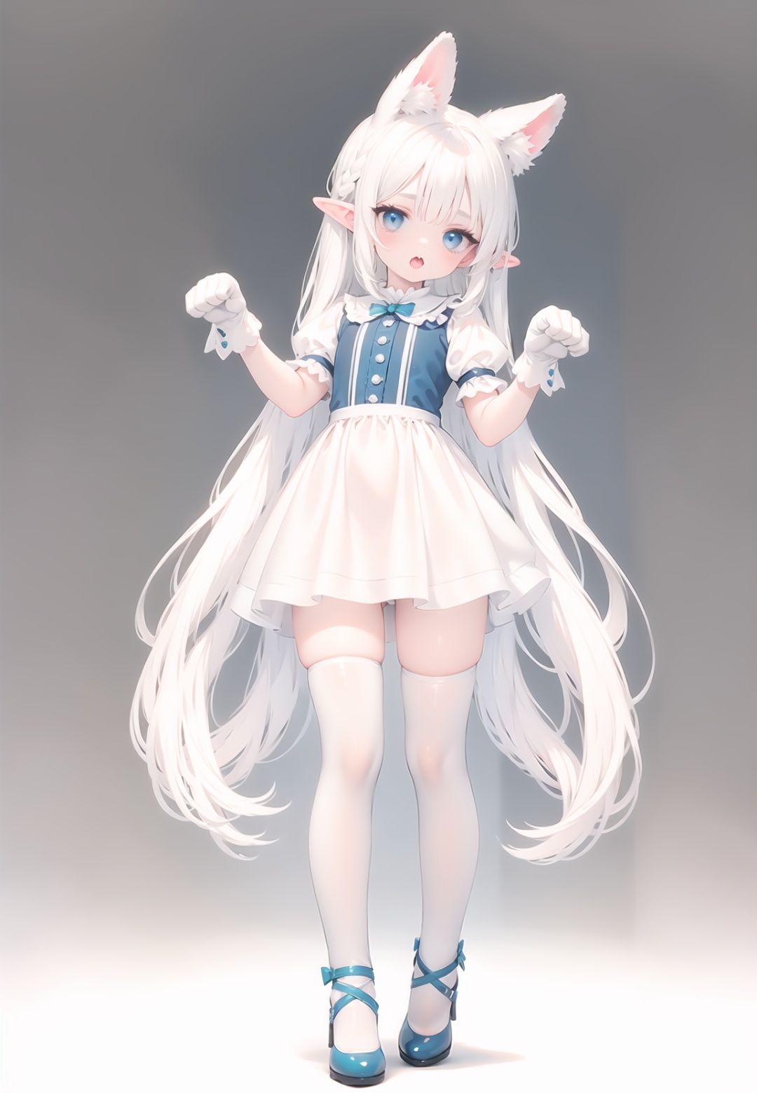 1girl, white_gloves, braid, full_body, gloves, long_hair, official_alternate_costume, pointy_ears, simple_background, solo, standing, very_long_hair, white_background,white hair,blue eyes,paw claw pose, open_mouth,