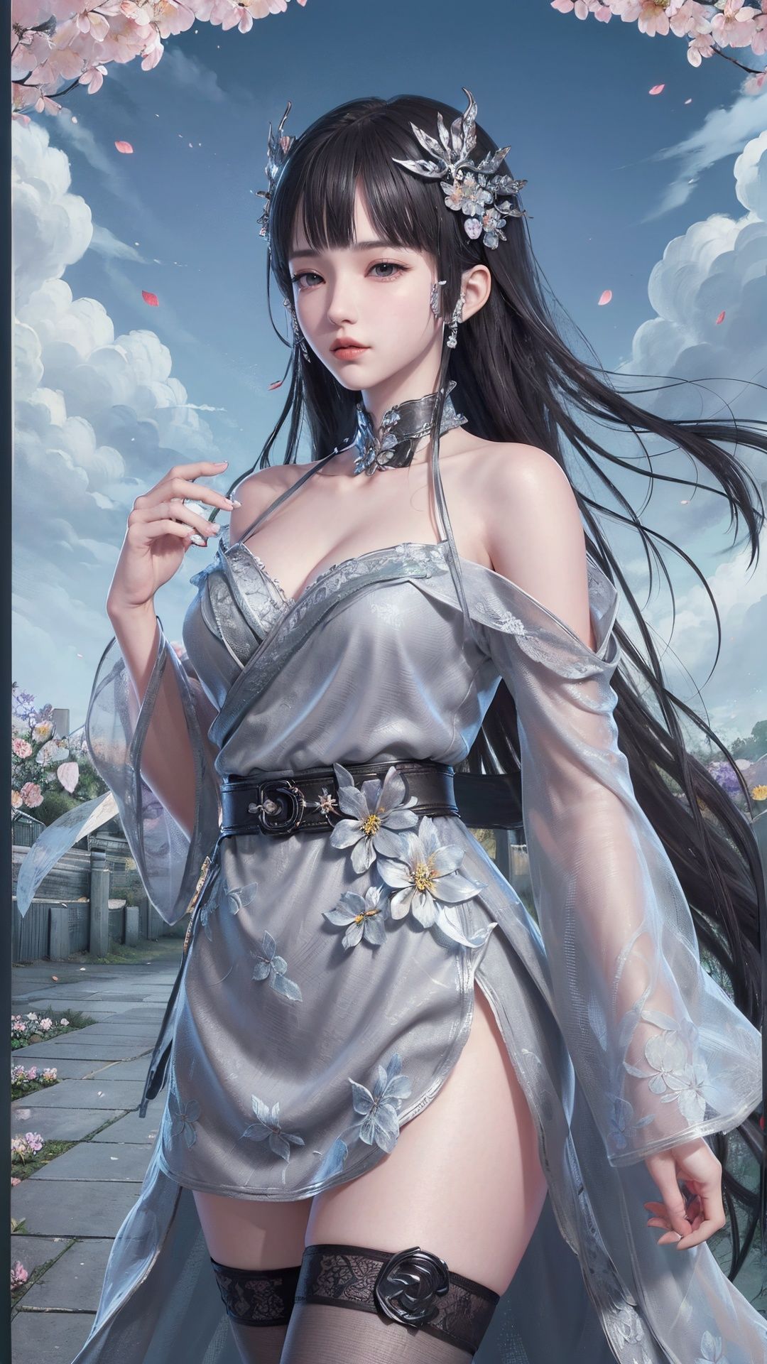((grey theme:1.5)),
((best quality)), ((masterpiece)), ((ultra-detailed)), (illustration), (detailed light), (an extremely delicate and beautiful),
incredibly_absurdres,(glowing),

(1girl:1.7),solo,a beautiful girl,(((cowboy shot))),standding,((Hosiery)),((beautiful off-shoulder dress+stocking):1.25),((Belts)),(leg loops),((Hosiery)),((flower headdress)),((long hair)),(((beautiful eyes))),

((english text)),(flower:1.65),(rose),(garden),(((border:1.75))),