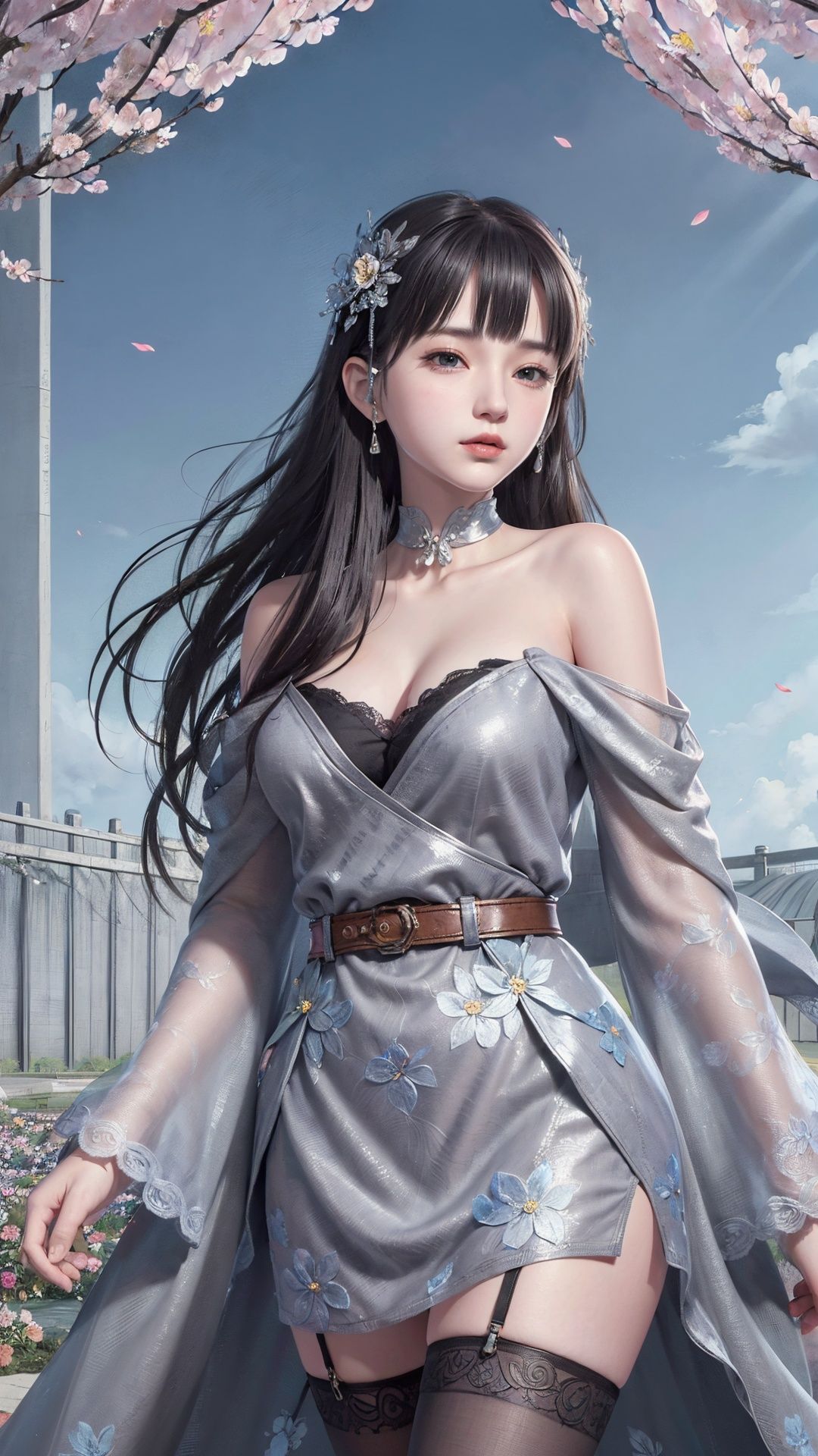 ((grey theme:1.5)),
((best quality)), ((masterpiece)), ((ultra-detailed)), (illustration), (detailed light), (an extremely delicate and beautiful),
incredibly_absurdres,(glowing),

(1girl:1.7),solo,a beautiful girl,(((cowboy shot))),standding,((Hosiery)),((beautiful off-shoulder dress+stocking):1.25),((Belts)),(leg loops),((Hosiery)),((flower headdress)),((long hair)),(((beautiful eyes))),

((english text)),(flower:1.65),(rose),(garden),(((border:1.75))),