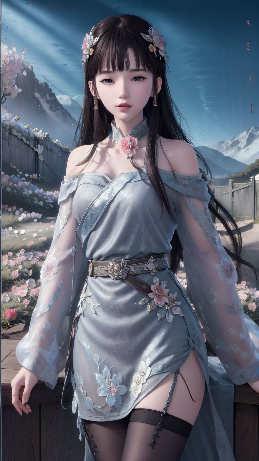 ((grey theme:1.5)),
((best quality)), ((masterpiece)), ((ultra-detailed)), (illustration), (detailed light), (an extremely delicate and beautiful),
incredibly_absurdres,(glowing),

(1girl:1.7),solo,a beautiful girl,(((cowboy shot))),standding,((Hosiery)),((beautiful off-shoulder dress+stocking):1.25),((Belts)),(leg loops),((Hosiery)),((flower headdress)),((long hair)),(((beautiful eyes))),

((english text)),(flower:1.65),(rose),(garden),(((border:1.75))),