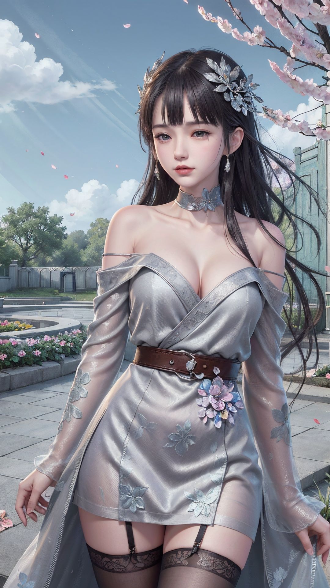 ((grey theme:1.5)),
((best quality)), ((masterpiece)), ((ultra-detailed)), (illustration), (detailed light), (an extremely delicate and beautiful),
incredibly_absurdres,(glowing),

(1girl:1.7),solo,a beautiful girl,(((cowboy shot))),standding,((Hosiery)),((beautiful off-shoulder dress+stocking):1.25),((Belts)),(leg loops),((Hosiery)),((flower headdress)),((long hair)),(((beautiful eyes))),

((english text)),(flower:1.65),(rose),(garden),(((border:1.75))),