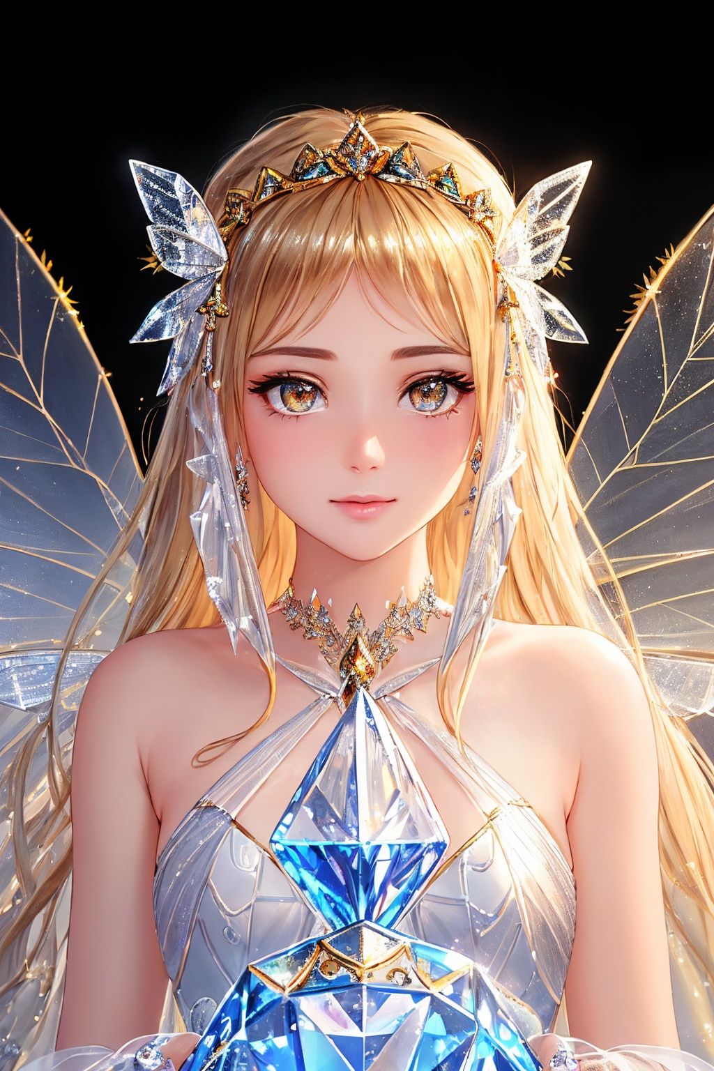 Realistic, photo, half length, best quality, stunning, beautiful golden eyes, fine details, depth of field, extremely detailed CG unified 8k wallpaper, (1 girl: 1.5), crystal background, ice magic, masterpiece, splashing details, beautiful details crystal, crystal eyes, stunning, (realistic: 1.5), (transparent ice crystal color wings: 1.4), original, (masterpiece)