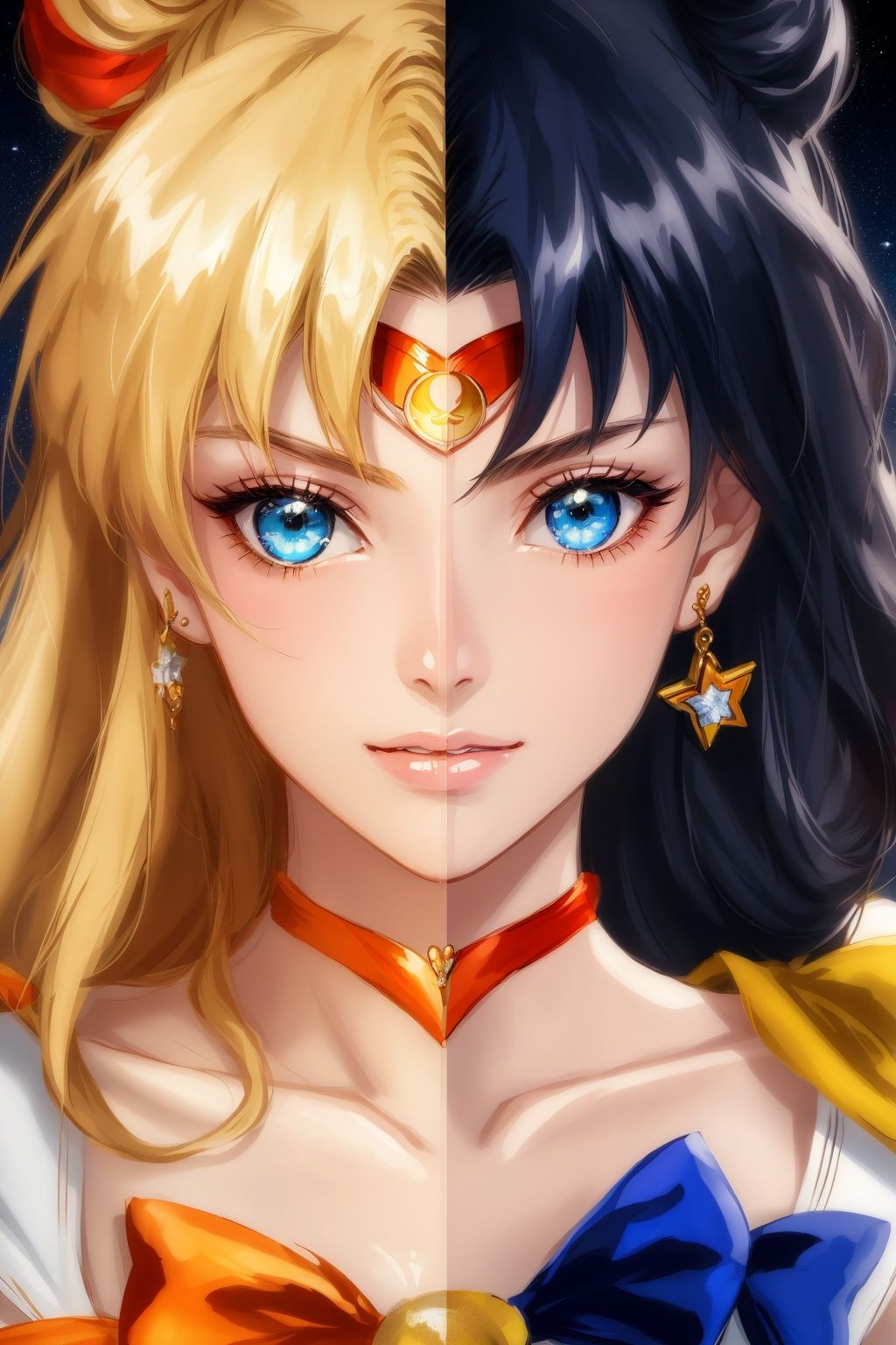 sailor moon wallpapers, fan art wallpapers, girl anime, sailor moon, sailor moon wallpaper, sailor moon , in the style of tanya shatseva, light bronze and orange, close-up intensity, dark sky-blue and white, magali villeneuve, light orange and light navy, colorful costumes