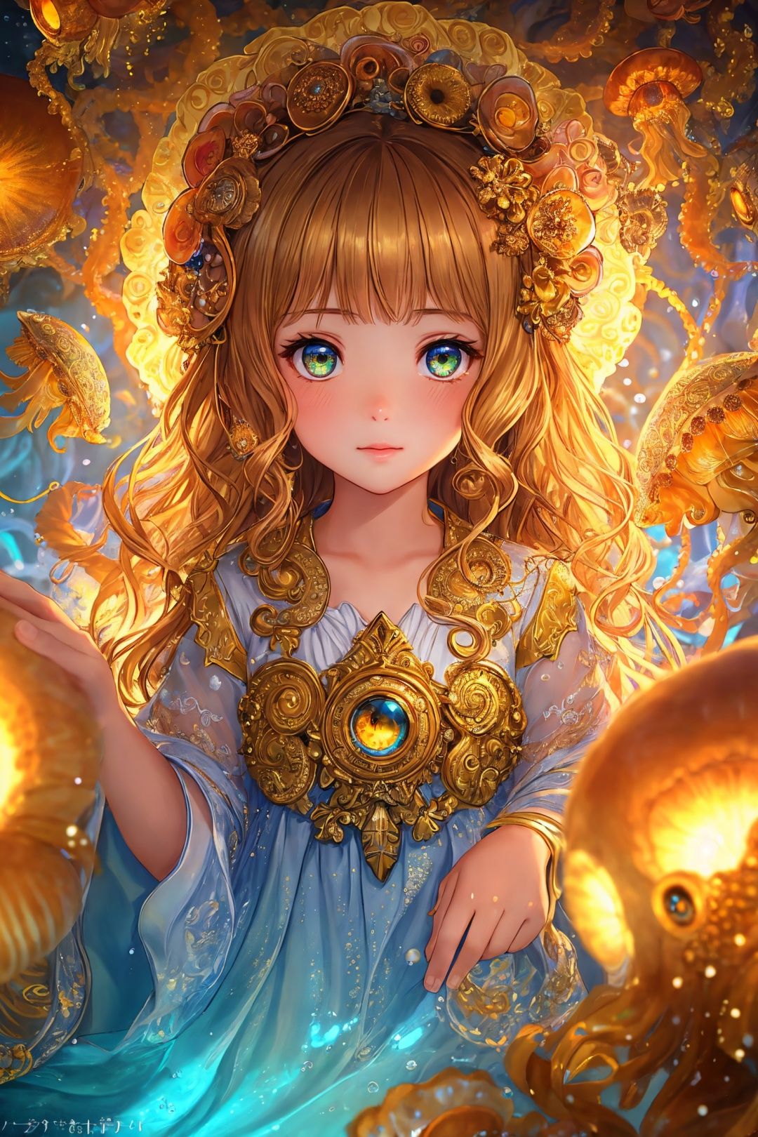  best quality,Amazing,Beautiful golden eyes,finely detail,Depth of field,extremely detailed CG unity 8k wallpaper,(1 girl :1.5),Deep sea background,jellyfish,masterpiece,fluttered detailed splashs, beautiful detailed water,cosmic eyes,Shock sensation,(realistic :0.5),octopus,original, 
,children, masterpiece