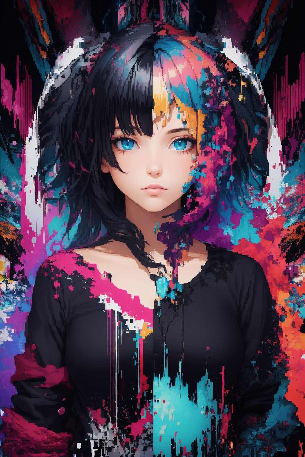 (masterpiece, top quality, best quality, official art, beautiful and aesthetic:1.2), (1girl:1.3), extreme detailed,colorful,highest detailed, glitch art, (digital distortion), pixelated fragments, data corruption,colorful noise, visual chaos,contemporary aesthetics