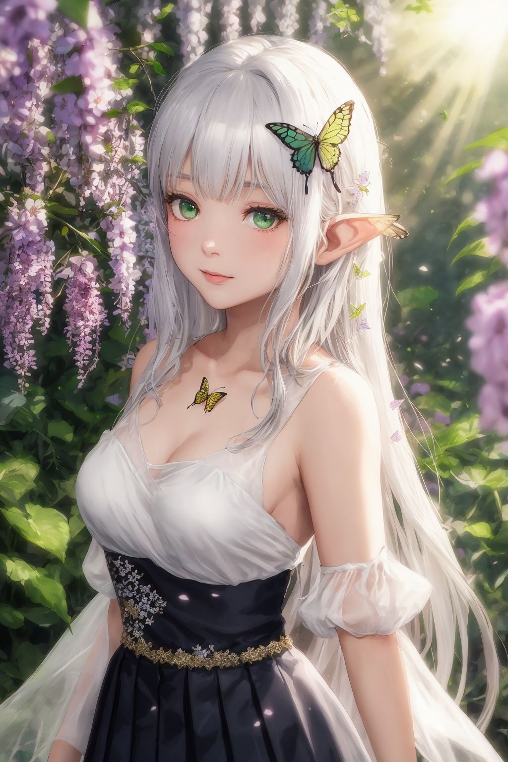 3D,photo,(the wonderland of elf),(((masterpiece))),(incredibly_absurdres),(best quality),(highres),((ultra-detailed)),(girl in the garden),(garden in the dream), (extremely fantasy dream),(an extremely delicate and beautiful girl),delicate face,beautiful detailed eyes,[1princess,elf,pointy_ears, flower, breasts, elf, long_hair, blonde and silver hair, very_long_flowing_hair, solo, detached_sleeves, yokozuwari, green_eyes, white_flower, butterfly_hair_ornament, bare_shoulders, bare_breast,medium_breasts, looking_at_viewer,(silver see-through gauze_dress:1.2),(gold trim glowing gauze_dress), hair_ornament, bangs: :0.66,(upper_body),focus on face,close up,dynamic angle,insect,animals,(bug, glowworm,butterfly,animal, , glowing butterfly,glowing fireflies,fireflies encircles the girl,(glowing)) (detailed light),feather, nature, (sunlight), flowers:0.33,girl in the garden,garden in the wonderland,beautiful and delicate wonderland,(painting),(sketch),(bloom),(shine),(All fireflies shine)(detailed background),(depth of field),backlight,(cinematic light),(lens_flare),(best shadow),(extremely delicate and colorful Wisteria Tunnel), (fairy tale and dreamy),High quality, ultra detail, ((Nahida, genshin impact,Green eyes,Nahida's character costume)),(watercolor medium:1.1), (ukiyoe style:1.21), (masterpiece:1.4641), (best quality:1.331), (illustration:1.1), (1girl:1.5), (solo:1.5), (an extremely delicate and beautiful:1.21), cute,looking at viewer,Medium lens,(She Hold the branches with small white flowers:1.23),(white background:1.3), (night sky with stars:1.2), (Sophora:1.2), (drooping branches with white flowers),(beautiful long white hair),(very long white hair),small breasts,(black pleated skirt:1.25),((white hair)),(collared shirt),(white stocking),collarbone,delicate hands:0.8