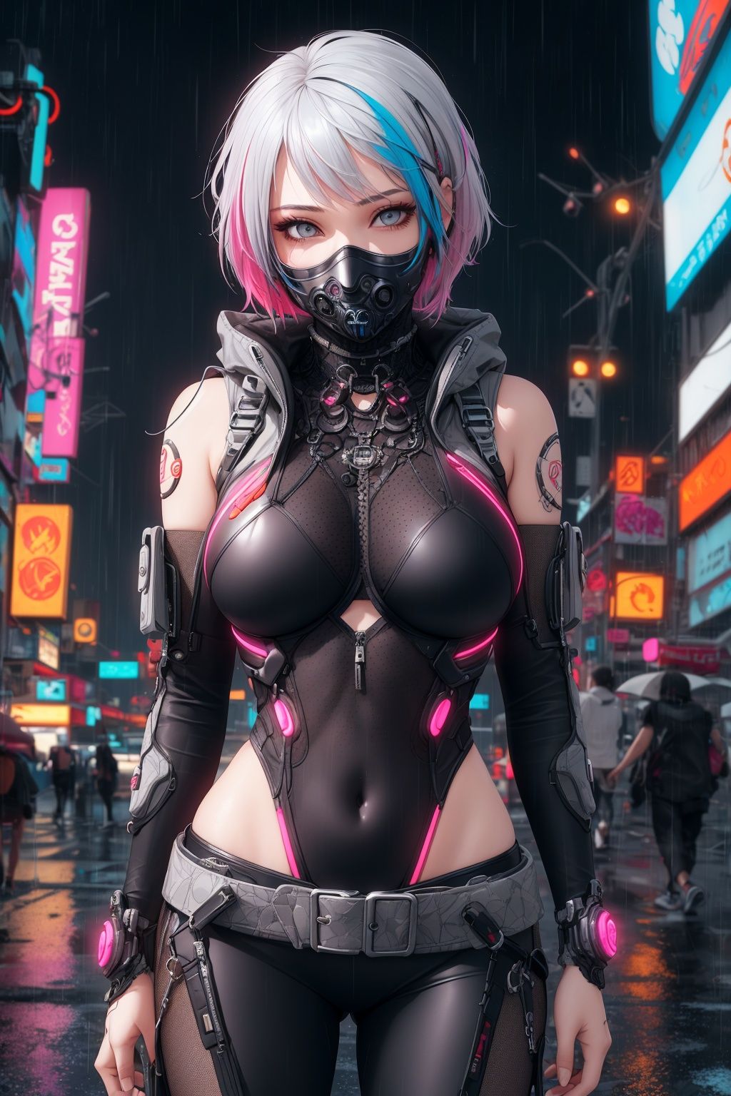 <(realistic:1.0), intricate details>, lucy \(cyberpunk\), portrait, 1 girl, beautiful face, asymmetrical hair, multi-colored hair, belt, bodysuit, covered mouth, covered navel, detached sleeves, grey eyes, hip vent, open jacket, cute, look at viewer,  night city, neon, rainy,