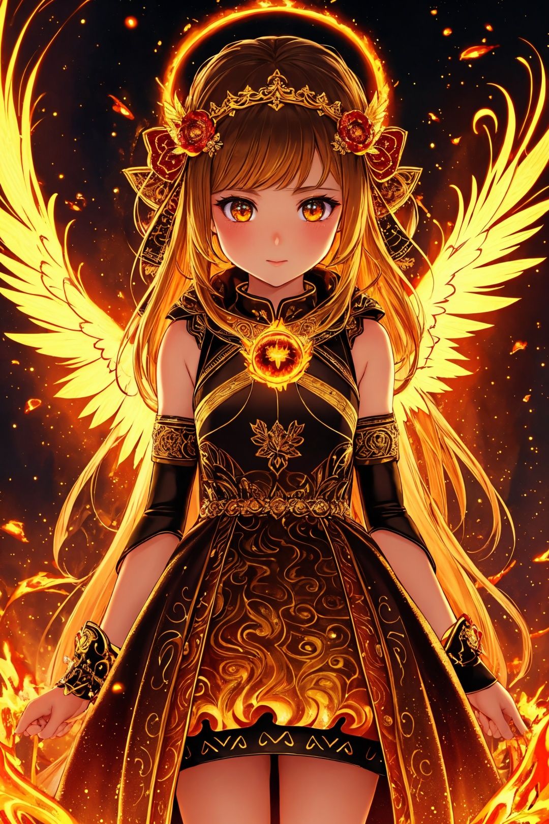 Best quality, stunning, beautiful golden eyes, fine details, depth of field, extremely detailed CG unified 8k wallpaper, (1 girl: 1.5), lava background, volcano, masterpiece, splashing details, beautiful details of magma, cosmic eye, shock, (fidelity: 0.5), such as flowing magma's flame wings, original, children's, (masterpiece)