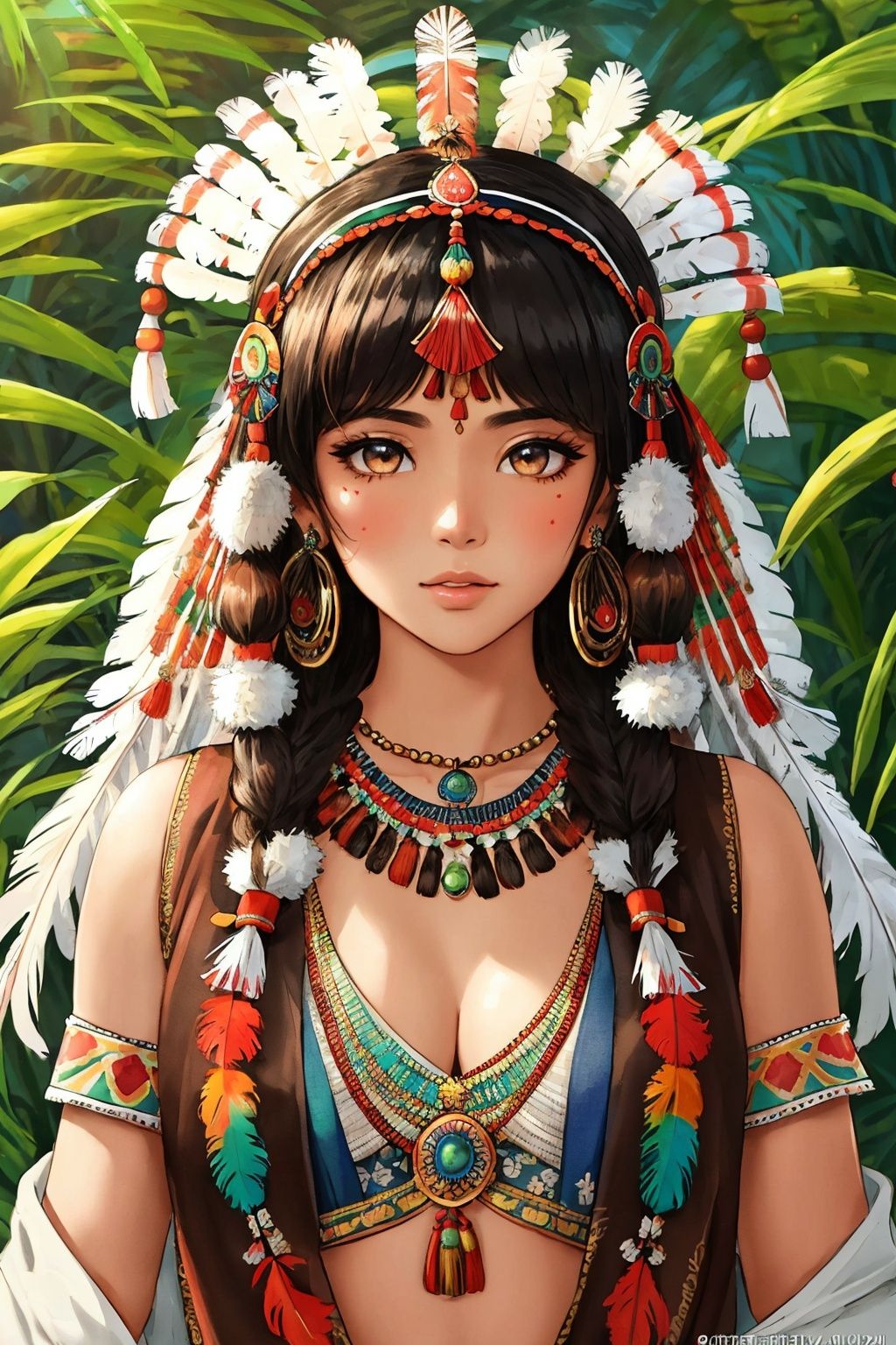 我的文件助手 16:17:37
(((best quality))),(((highly detailed))),(((masterpiece))),(((ultra-detailed))),(((illustration))),(((extremely detailed))),((exciting)), Native Indian, 1 Indian girl, whole body, (((Indian feather headdress))), Indian necklace, delicate and beautiful face, graffiti on the face, beautiful eyes, watercolor, splash ink, brown crystal eyes, highlight, tropical plants, macaws, highlight, rich pictures, ultra clear, perfect, high-definition, 8k

我的文件助手 16:17:39
(((best quality))),(((highly detailed))),(((masterpiece))),(((ultra-detailed))),(((illustration))),(((extremely detailed))),((exciting)), Native Indian, 1 Indian girl, whole body, (((Indian feather headdress))), Indian necklace, delicate and beautiful face, graffiti on the face, beautiful eyes, watercolor, splash ink, brown crystal eyes, highlight, tropical plants, macaws, highlight, rich pictures, ultra clear, perfect, high-definition, 8k

