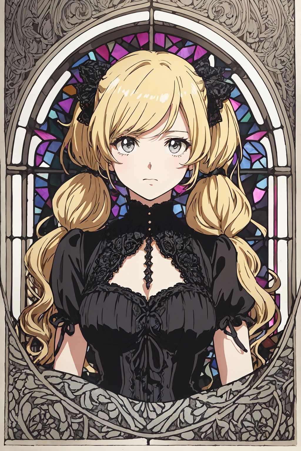  Illustration of a blonde anime twintails wavy hair girl wearing a Gothic lace dress in the style of the Edwardian era, captured in a vintage etching. Her dress is adorned with intricate details reminiscent of Damascus steel. beautiful colorful stained glass ,twintails, cute, Hd,Hd