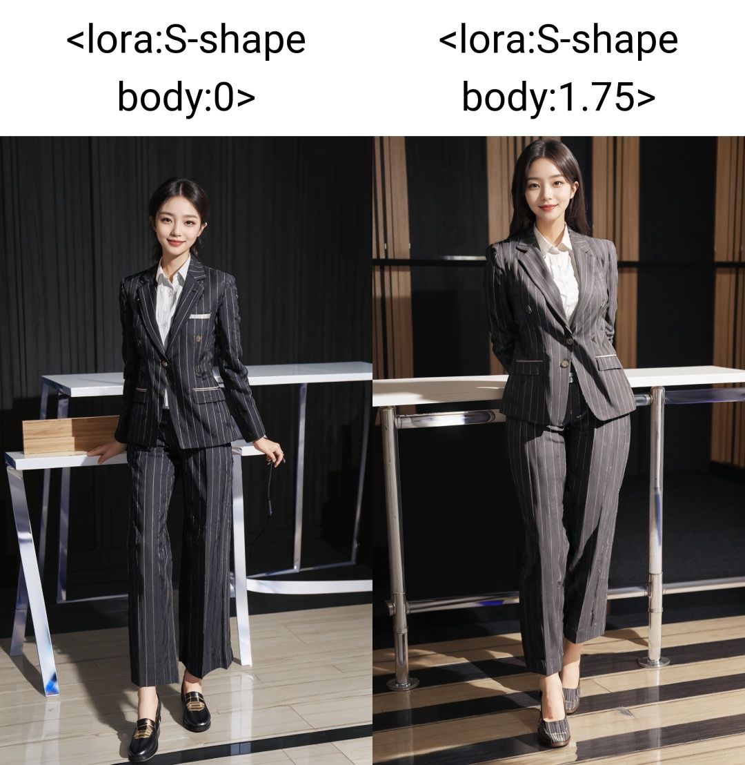 masterpiece,best quality,1girl,,moyou,seductive smile,<lora:S-shape body:0>,(Polished_pinstripe_blazer:1.4),(Wide-leg_trousers:1.3),(Block-heel_loafers:1.2),(Business_conference_background:1.4)