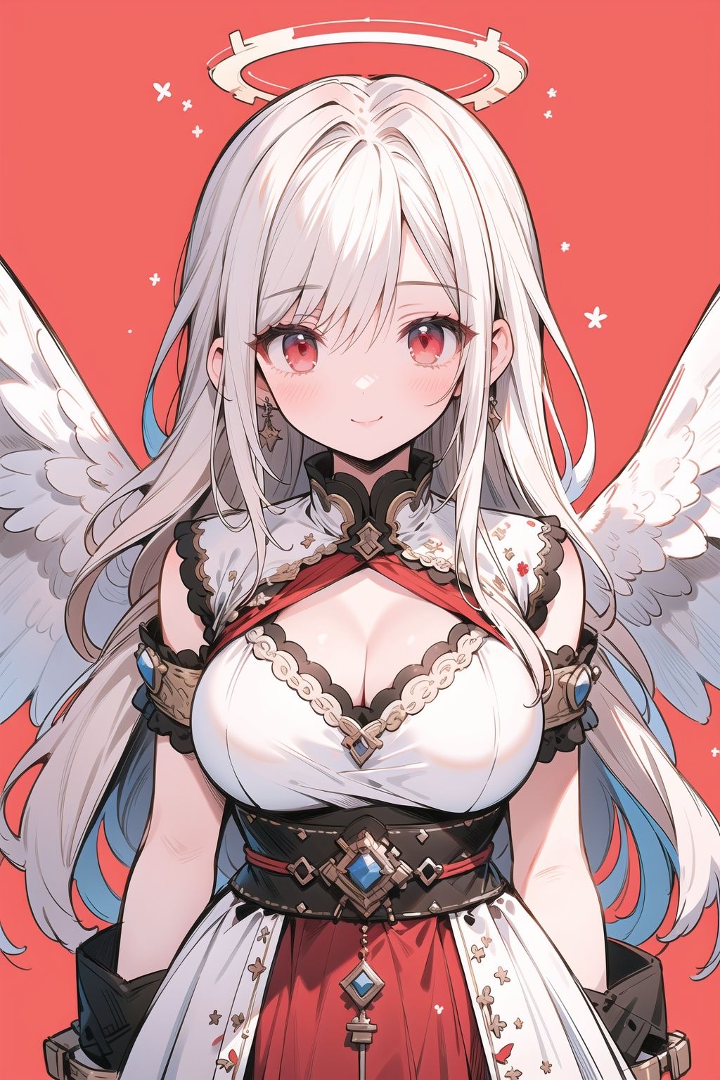 :),large breasts,masterpiece,cleavage, intricate detail,best quality, a 1girl, halo, solo, long hair, red eyes, wings, red background,
 angel, looking at viewer, angel wings, feathered wings, bangs, simple background, white hair, closed mouth,peplos,greek clothes,, 