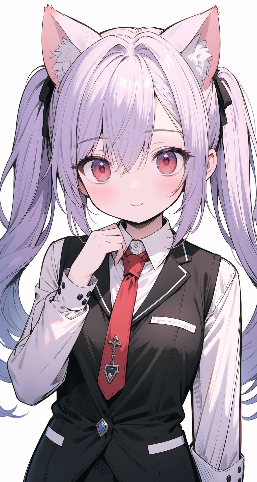 (red eyes:1.2),:),jk style,necktie,collared shirt,purple hair,upper body,vest,long hair,blush,looking at viewer,red necktie,long sleeves,1girl,shirt,juliet sleeves,hand on own chest,purple vest,white shirt,solo,twintails,cat girl,cat ears,