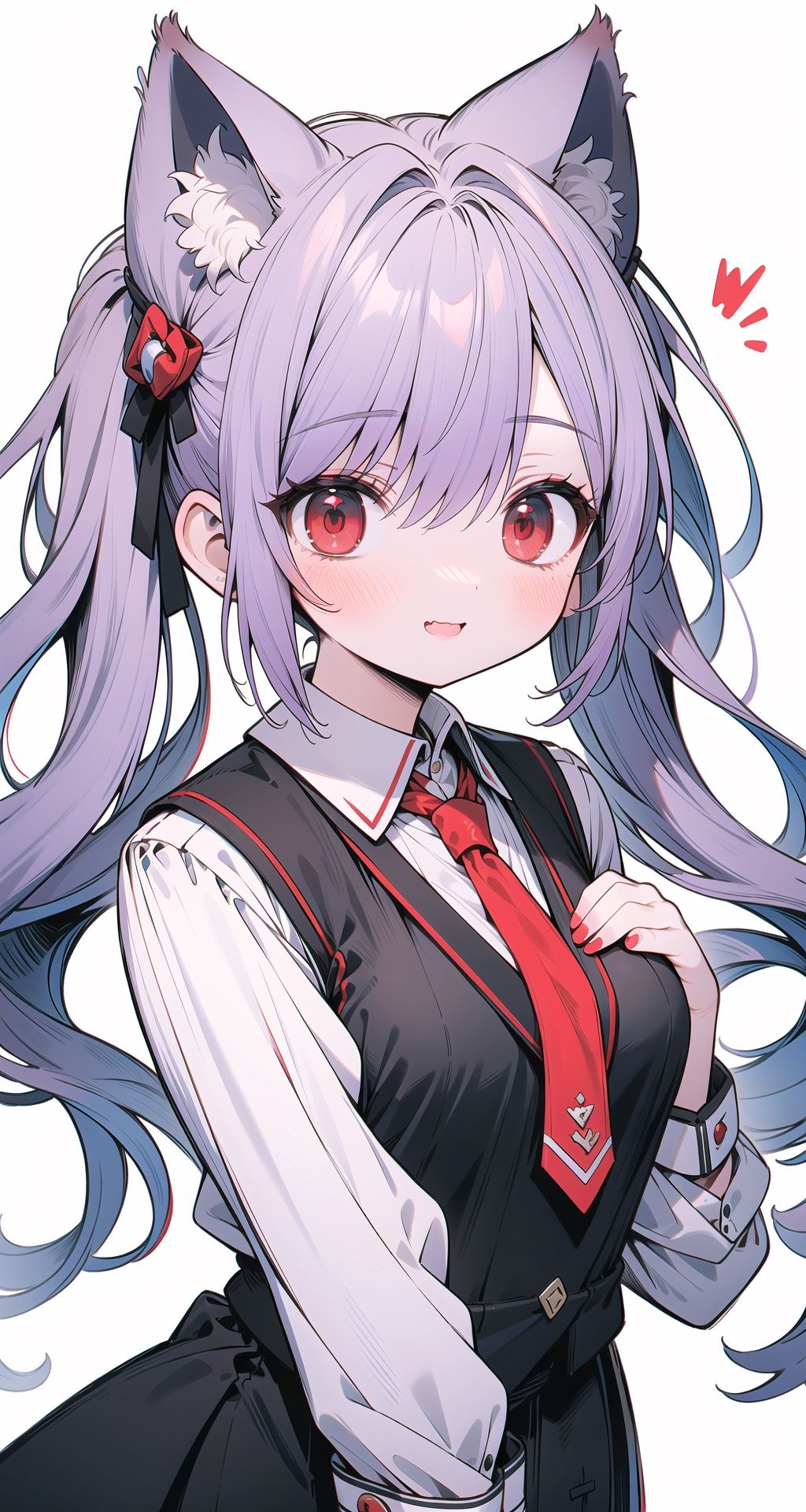 (red eyes:1.4),:),jk style,necktie,collared shirt,purple hair,upper body,vest,long hair,blush,looking at viewer,red necktie,long sleeves,1girl,shirt,juliet sleeves,hand on own chest,purple vest,white shirt,solo,twintails,cat girl,cat ears,