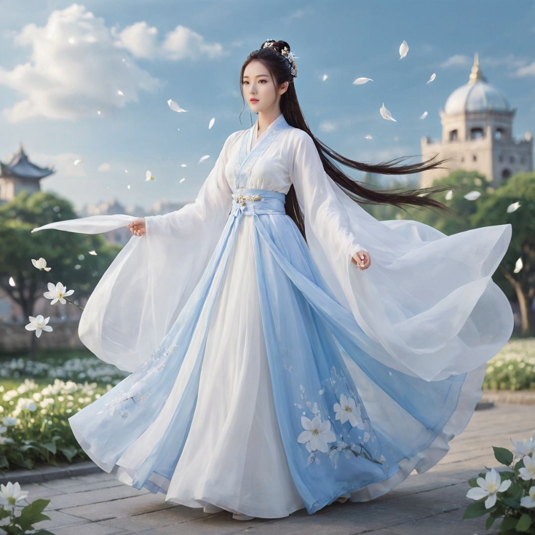 masterpiece, 1girl, Look at me, Handsome, Long hair, Bun, Hanfu, Fly up, Use Holy Light magic, Fantasy art, A fantastic scene, Outdoor, The sky, Under your feet is the city., Light and shadow, Floating petals, Lots of particle effects, Plenty of white flowers, textured skin, super detail, best quality,True Love,blue and white porcelain