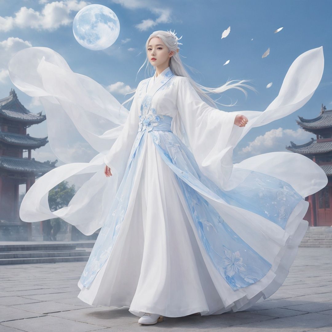 masterpiece, 1 boy, 20 years old, Long white hair, fantastical scenes, full body, White Han suit, Light blue sky, The background is a huge magic array., Characters floating in the air, A lot of particle special effects., (White shoes:1.2), Chinese architecture, Floor, Fallen leaves, Big skirt, Mopping skirt, best quality,True Love,blue and white porcelain