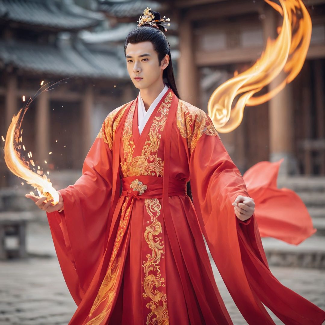 masterpiece, 1 boy, Hanfu, Use fire magic, Flame element, Fantasy art, Flying sparks, The background is Magic Array., Chinese style architecture, Masculinity, Male focus