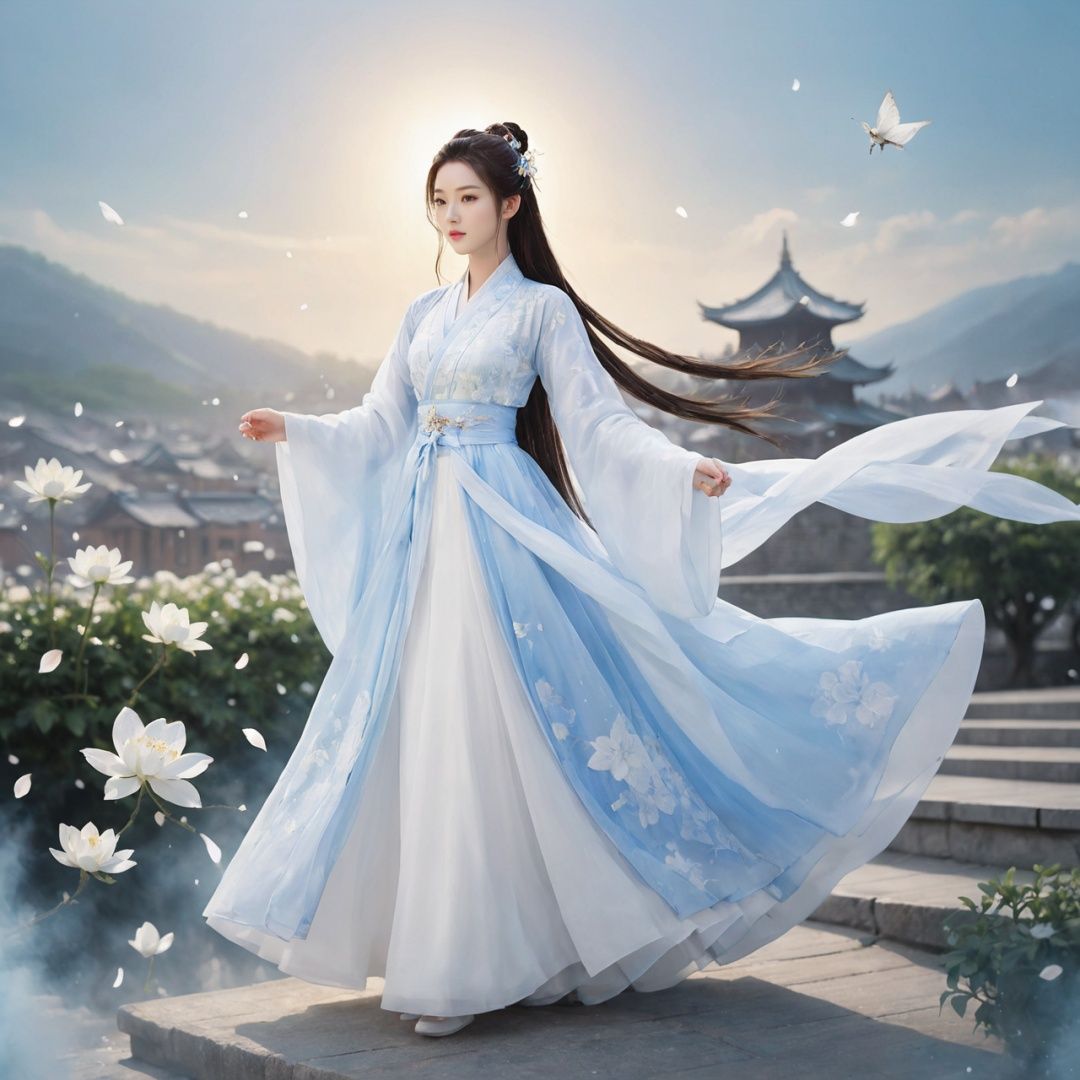 masterpiece, 1girl, Look at me, Handsome, Long hair, Bun, Hanfu, Fly up, Use Holy Light magic, Fantasy art, A fantastic scene, Outdoor, The sky, Under your feet is the city., Light and shadow, Floating petals, Lots of particle effects, Plenty of white flowers, textured skin, super detail, best quality,True Love,blue and white porcelain