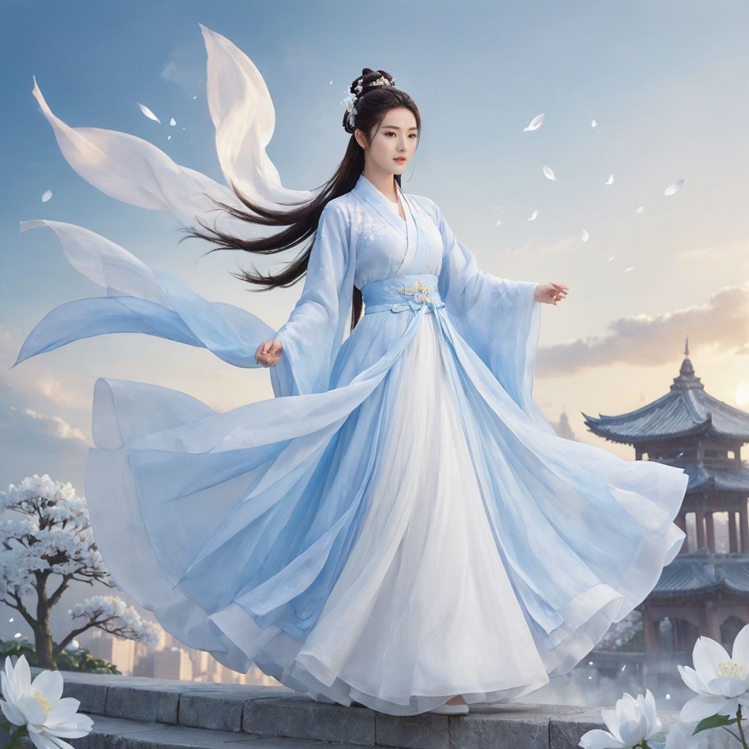 masterpiece, 1girl, Look at me, Handsome, Long hair, Bun, Hanfu, Fly up, Use Holy Light magic, Fantasy art, A fantastic scene, Outdoor, The sky, Under your feet is the city., Light and shadow, Floating petals, Lots of particle effects, Plenty of white flowers, textured skin, super detail, best quality,True Love,blue and white porcelain