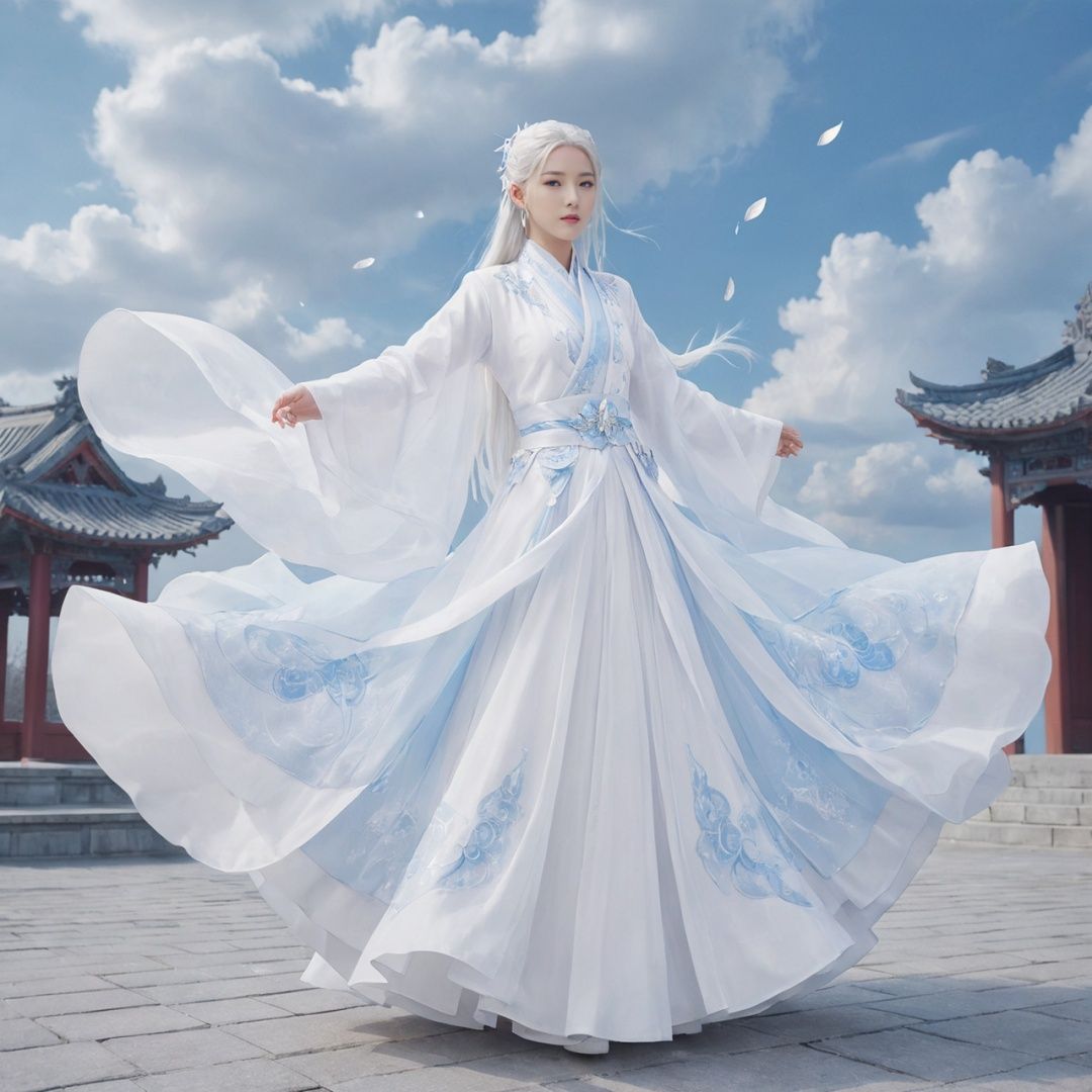 masterpiece, 1 boy, 20 years old, Long white hair, fantastical scenes, full body, White Han suit, Light blue sky, The background is a huge magic array., Characters floating in the air, A lot of particle special effects., (White shoes:1.2), Chinese architecture, Floor, Fallen leaves, Big skirt, Mopping skirt, best quality,True Love,blue and white porcelain