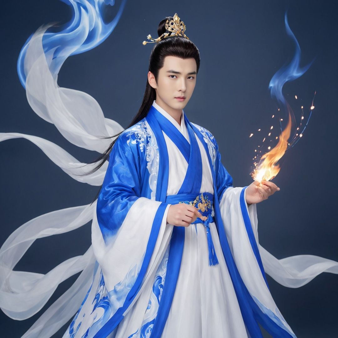 masterpiece, 1 boy, Hanfu, Use fire magic, Flame element, Fantasy art, Flying sparks, The background is Magic Array.,True Love,blue and white porcelain
