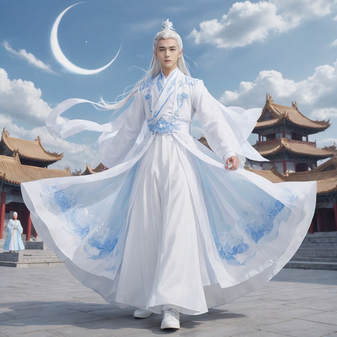 masterpiece, 1 boy, 20 years old, Long white hair, fantastical scenes, full body, White Han suit, Light blue sky, The background is a huge magic array., Characters floating in the air, A lot of particle special effects., (White shoes:1.2), Chinese architecture, Floor, Fallen leaves, Big skirt, Mopping skirt, best quality,True Love,blue and white porcelain