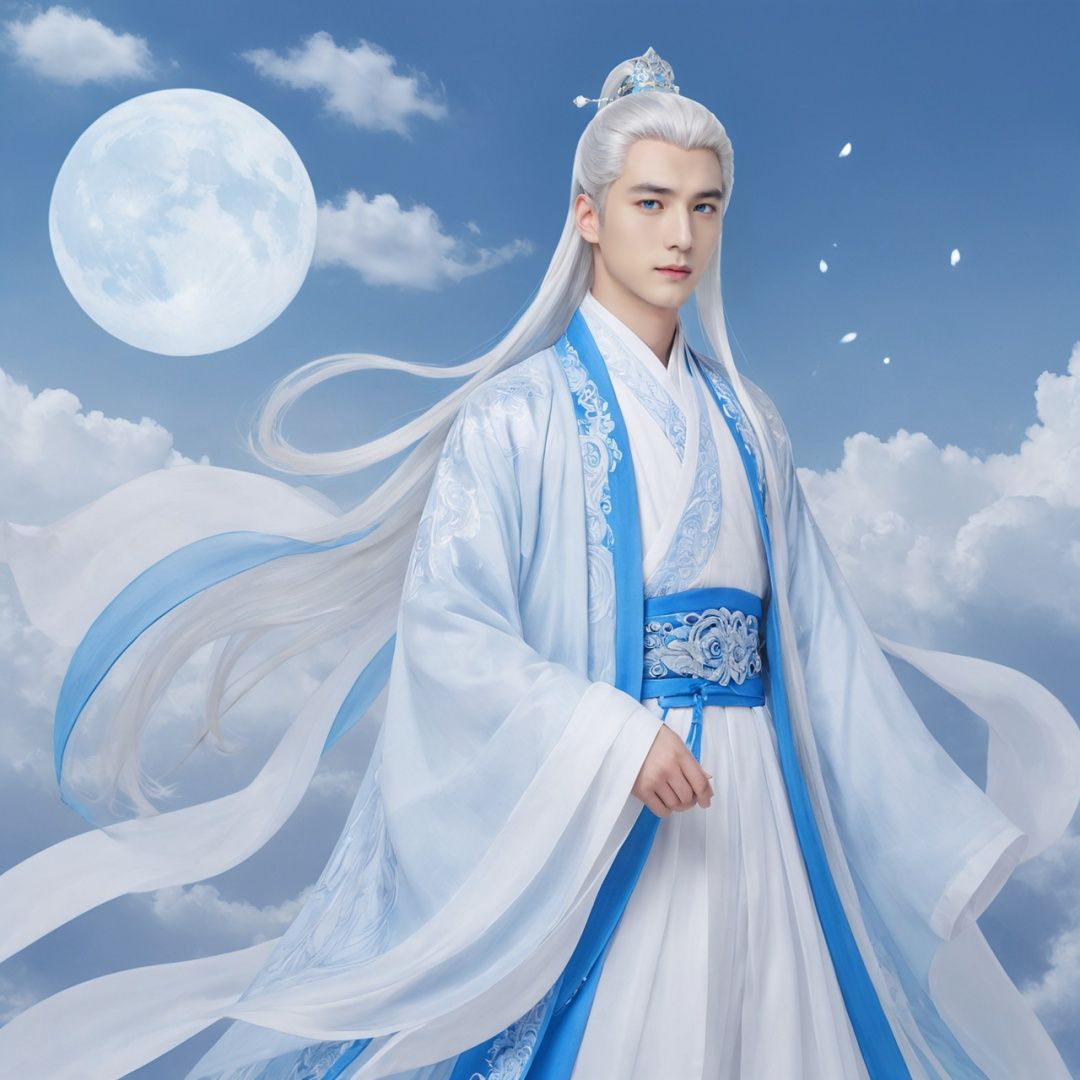 masterpiece, 1 boy, 20 years old, Long white hair, fantastical scenes, full body, Hanfu, Light blue sky, The background is a huge magic array., A lot of particle special effects., best quality,True Love,blue and white porcelain