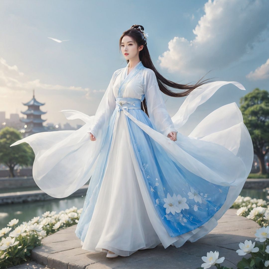 masterpiece, 1girl, Look at me, Handsome, Long hair, Bun, Hanfu, Fly up, Use Holy Light magic, Fantasy art, A fantastic scene, Outdoor, The sky, Under your feet is the city., Light and shadow, Floating petals, Lots of particle effects, Plenty of white flowers, textured skin, super detail, best quality,True Love,blue and white porcelain