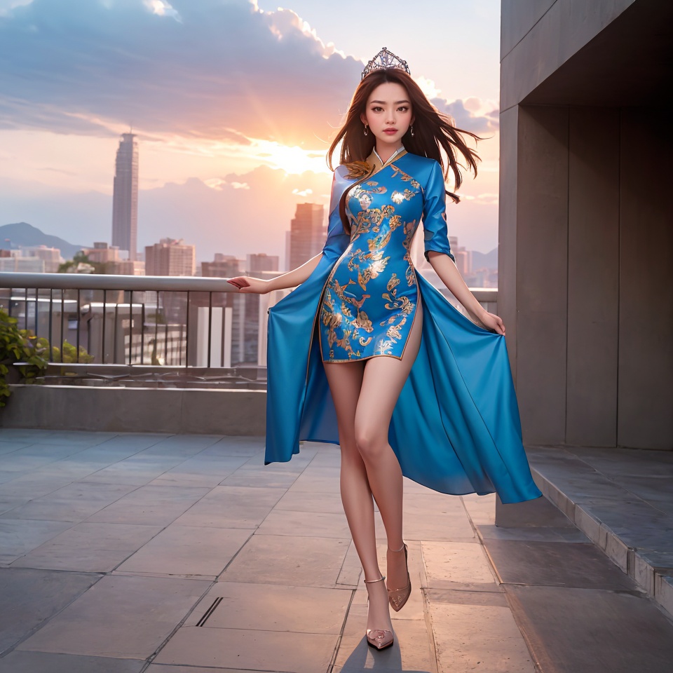 ((Full-Body Shot)),  long shot scenic professional photograph in corporate style. 1female hot model,  wearing blue elegant...
