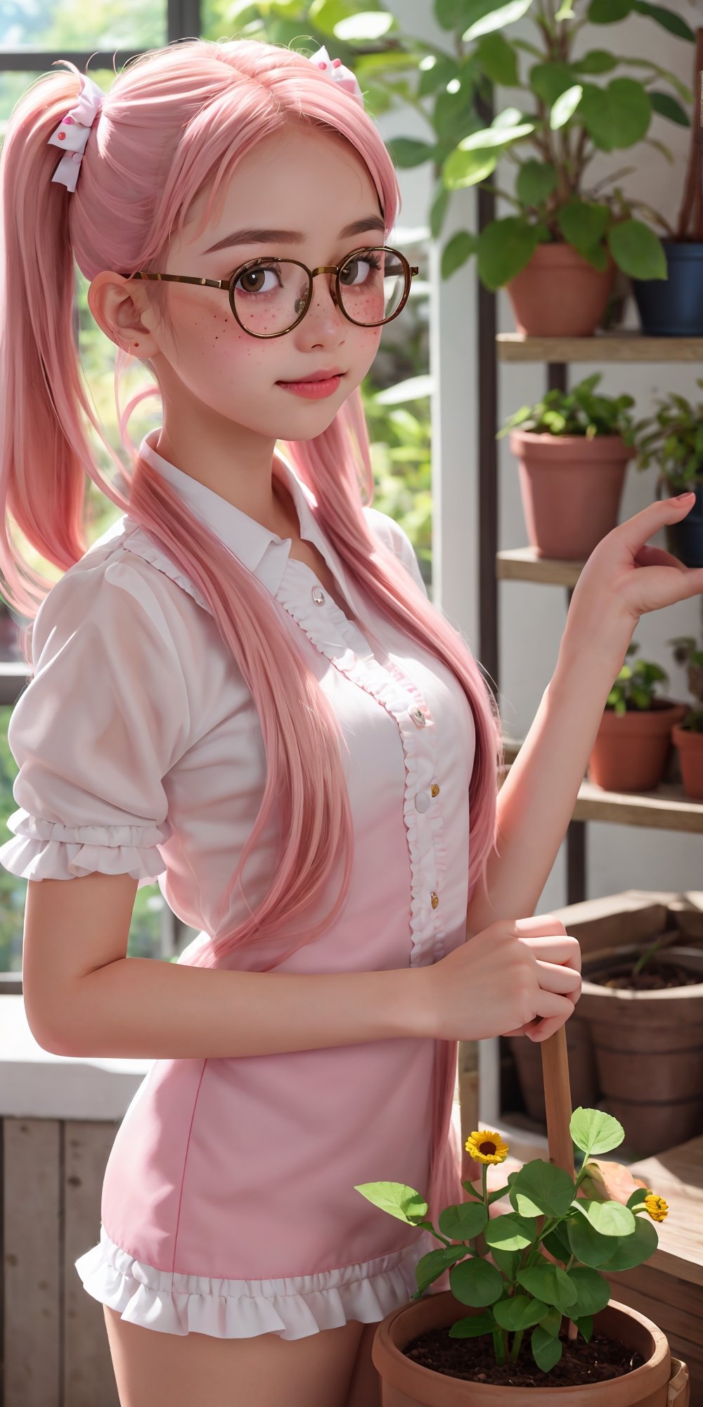 Cute innocent childlike pink-haired 14 years old girl wearing cute pink girly ribbons polka dots frills charismatic blush...