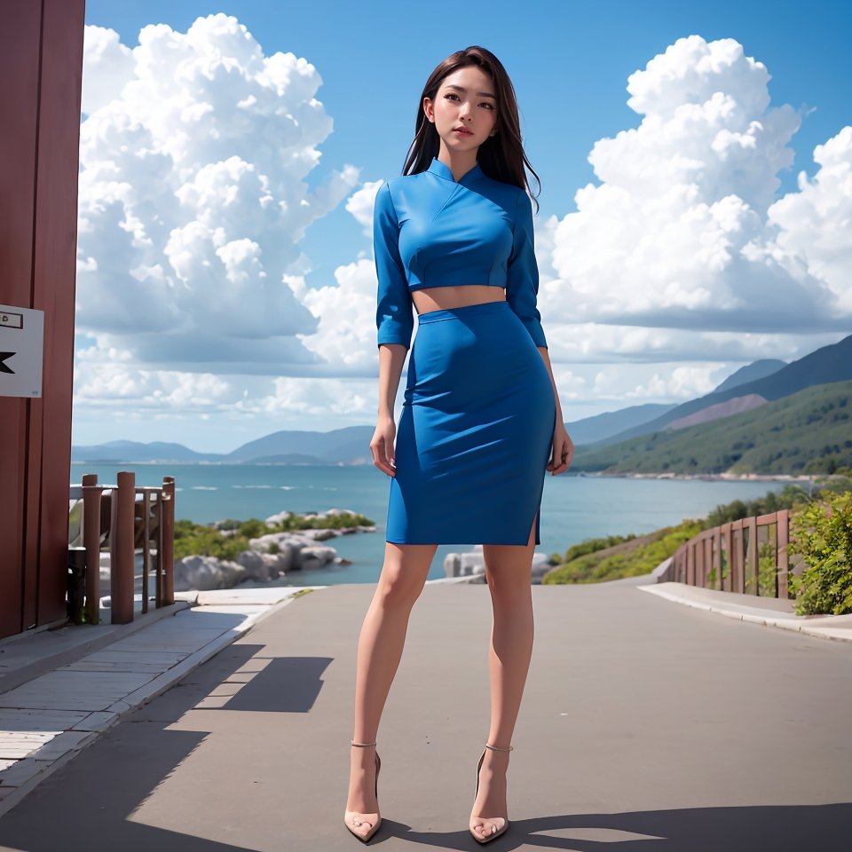 ((Full-Body Shot)),  long shot scenic professional photograph in corporate style. 1female hot model,  wearing ((blue elega...