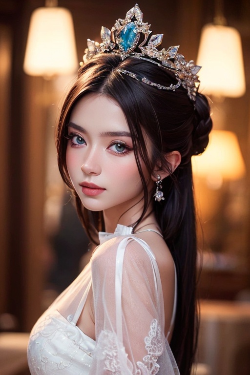 An artistic portrait of a 22-year-old girl,  of rare noble beauty. Her eyes exude elegance,  every detail of her face is a...