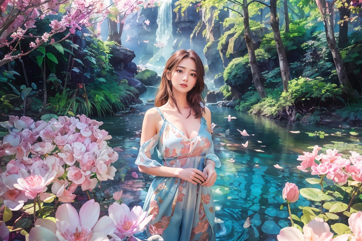 ((Full-Body Shot)),  long shot scenic professional photograph in corporate style. 1female hot model,  wearing ((blue elega...