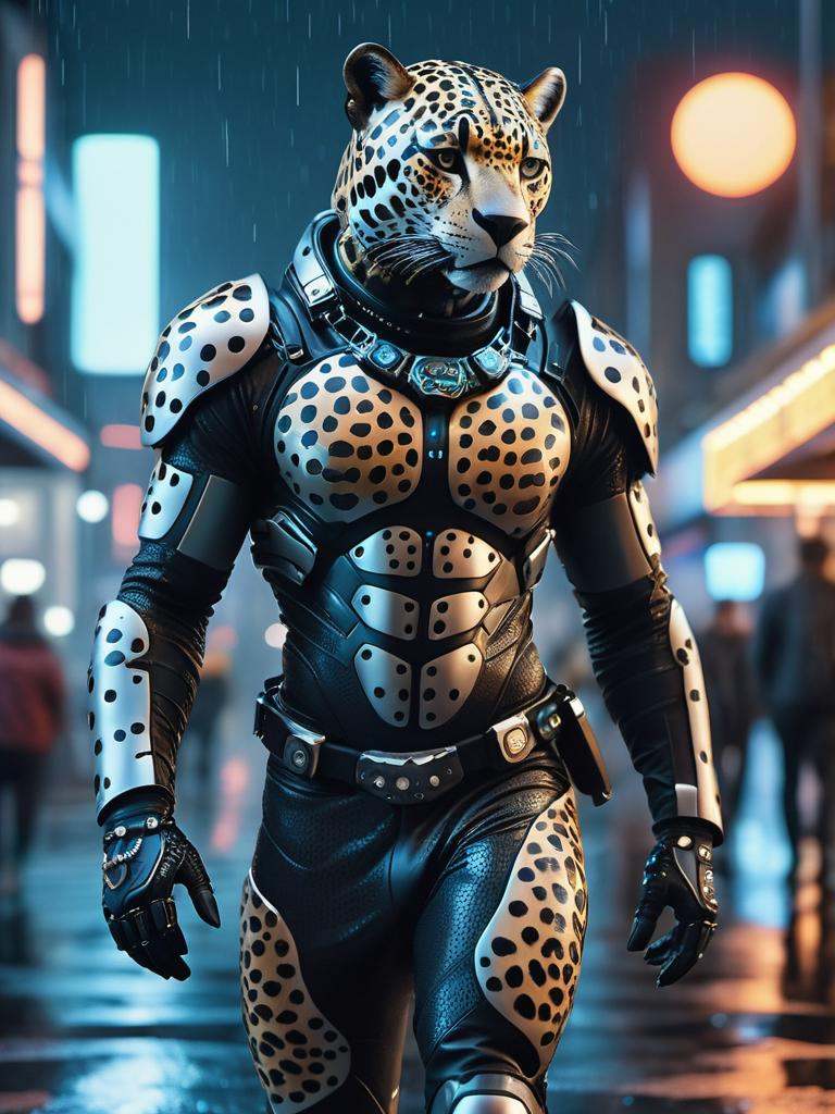 Hyperrealistic RAW analog photo of an anthro dressed in cyberpunk,  walking through future cyber city on a rainy night,  f...