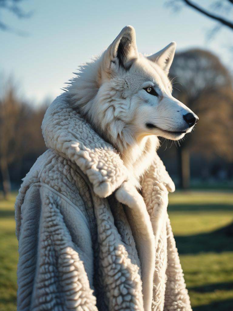 Hyperrealistic RAW analog photo of an anthro hybrid wearing a merge,  walking through the park on a sunny morning,  full c...