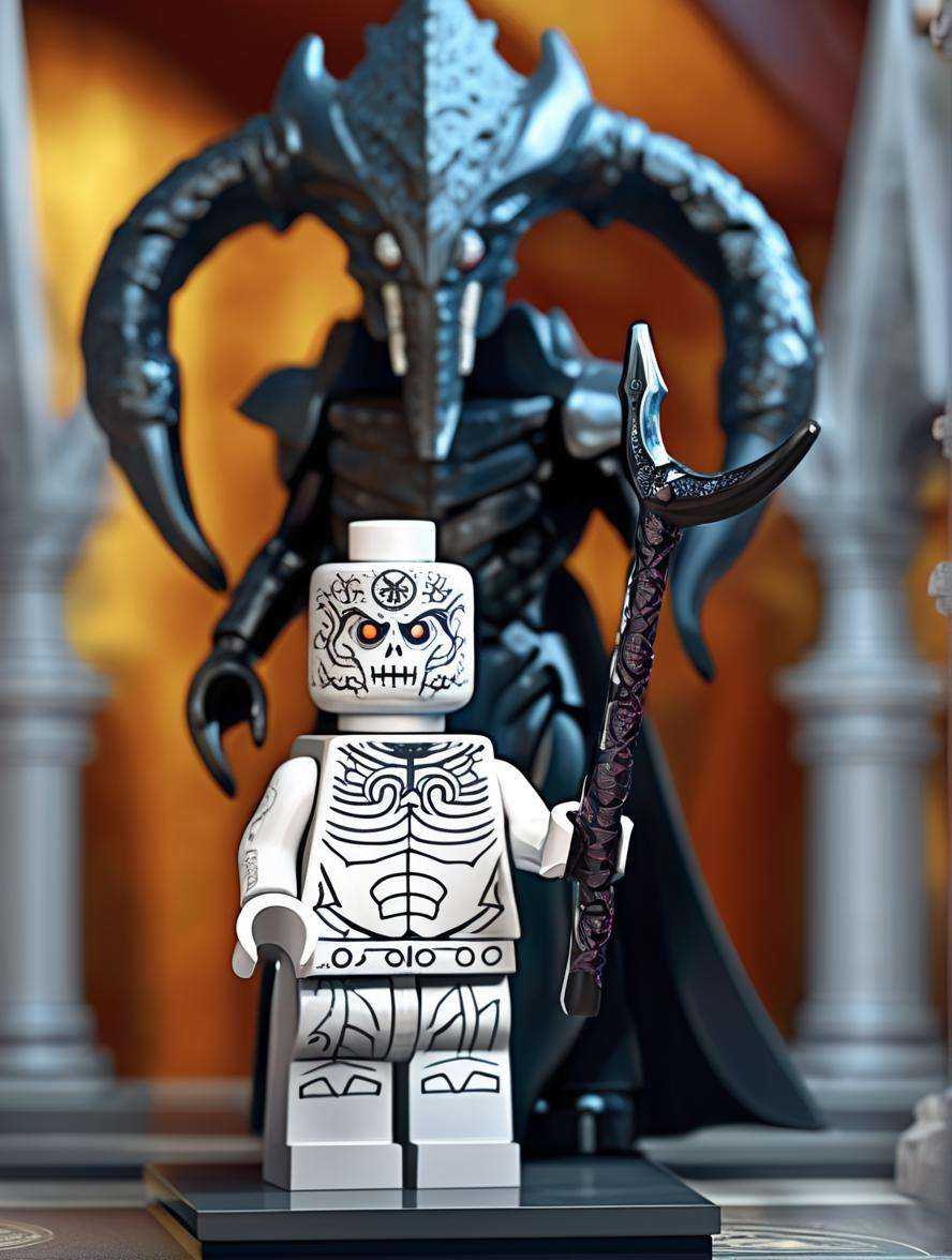 LEGO MiniFig, an exhibition in a glass display in a fantasy museum of a dead mind flayer with highly detailed runes all along its body, Canon RF, F/2.8, intricate detail, raytracing, subsurface scattering, shadow blending, cinematic, infinite ultra-resolution image quality and render, 55mm, widescreen <lora:lego_v2.0_XL_32:0.8>