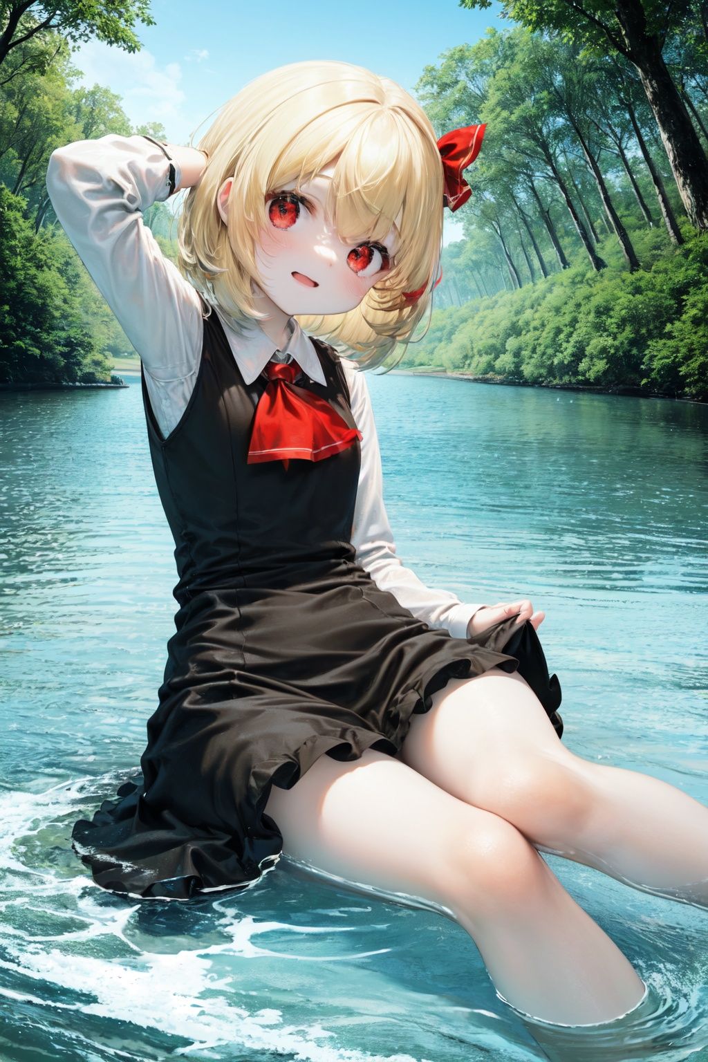 (panorama,portrait, castle),(loli,Rumia,solo:1.4),beautiful detailed water, ,small child
red bow,red eyes,yellow hair,short messy hair,(short lolita|short black dress|white shirt,knee),
open arm,forest,sky,lake,turn pale
pain

