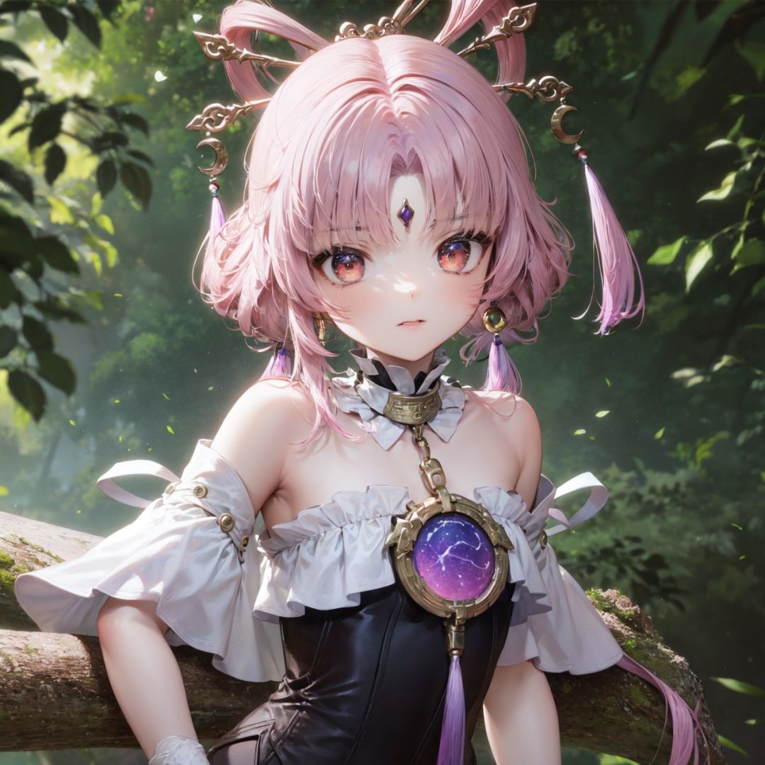 1girl, solo, outdoors, portrait,  (upper body, tree shade, sky,curious,blurry background:1.2), pink eyes, colorized, blank stare,
loli,
1girl,fuxuan,purple hair, long hair,twintails,hair rings,hair ornament,forehead jewel,brown eyes,detached collar,dress,bare shoulders, tassel,white gloves, white pantyhose,simple background, ,pink hair,