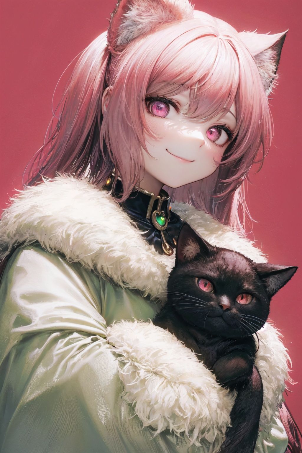 1girl, solo, outdoors, portrait,  (upper body,hold a cat, cat girl,simple background), pink eyes, colorized, smile
loli