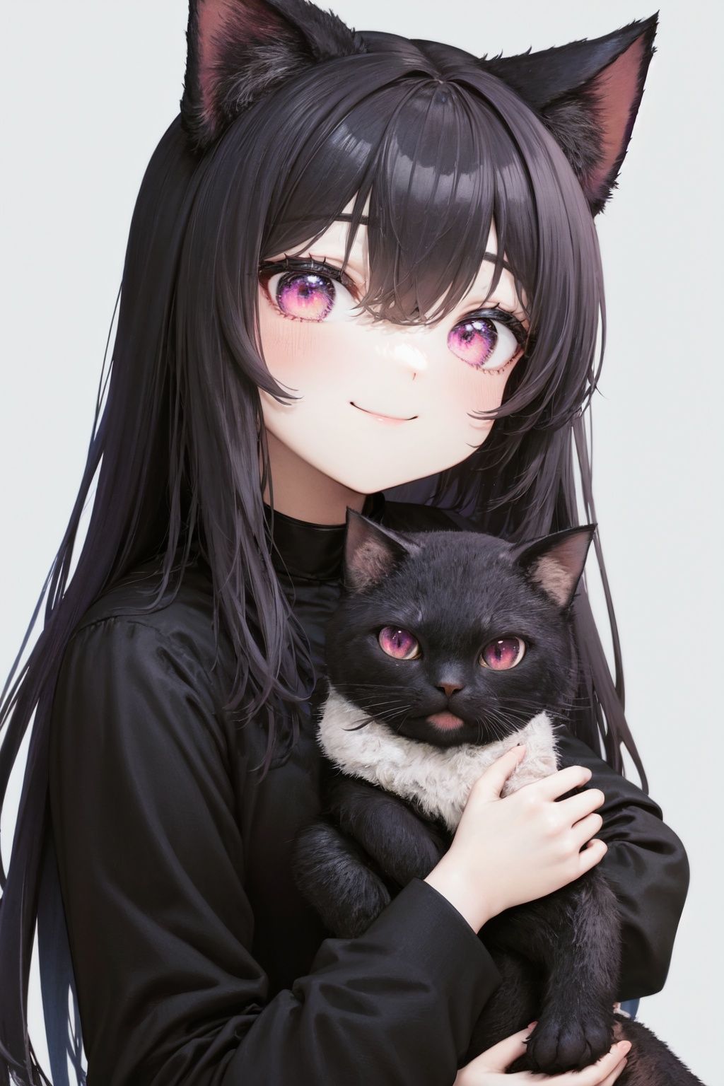 1girl, solo, outdoors, portrait,  (upper body,hold a cat, cat girl,simple background), pink eyes, colorized, smile
loli